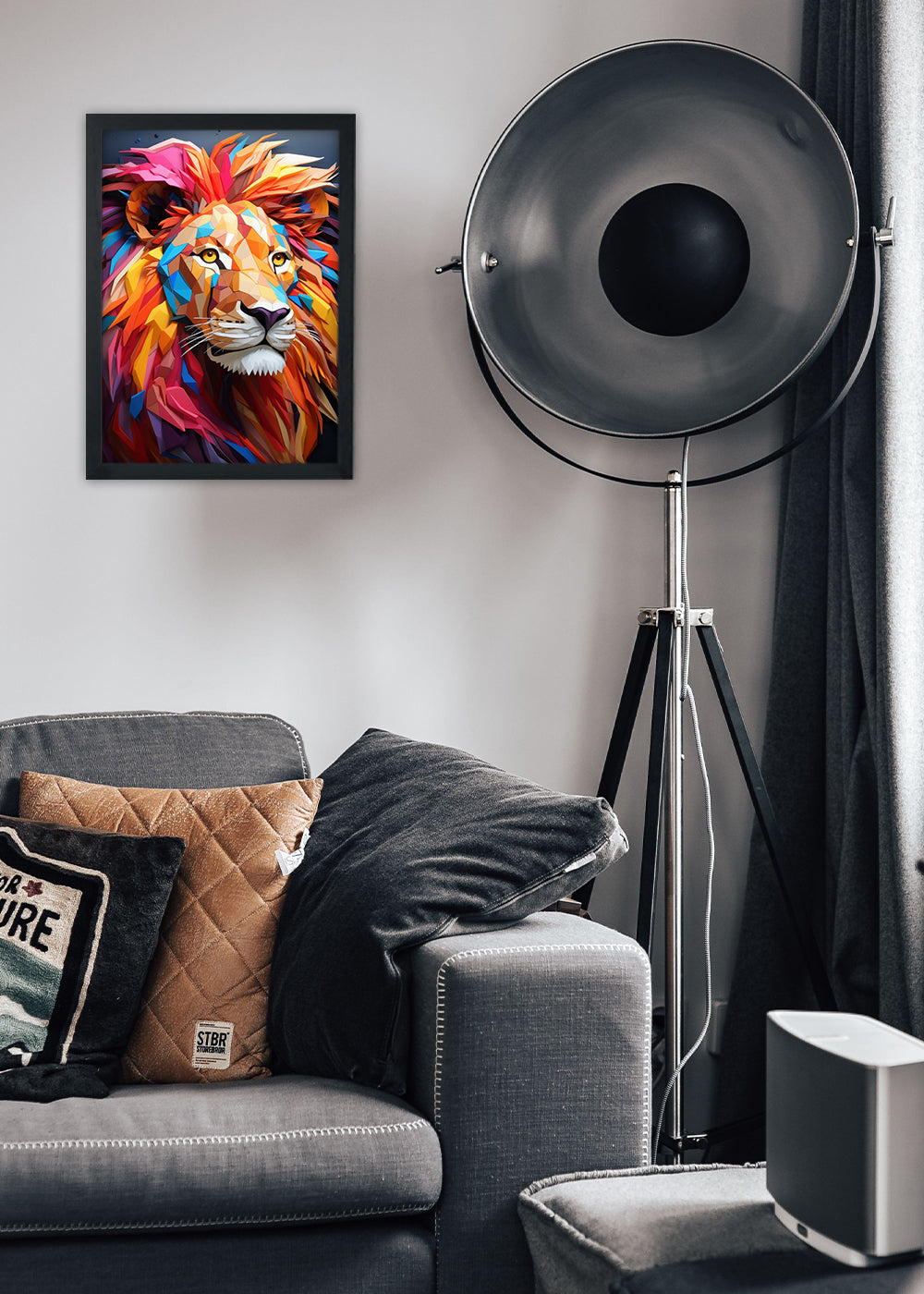 Quadro Decorativo Leao geometrico colorido - Com vidro