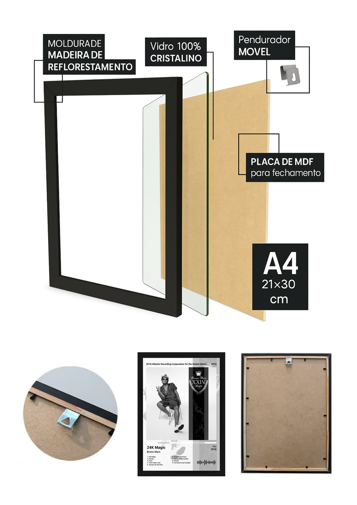 Quadro Bruno Mars 24K Magic (Black&white) Com Vidro