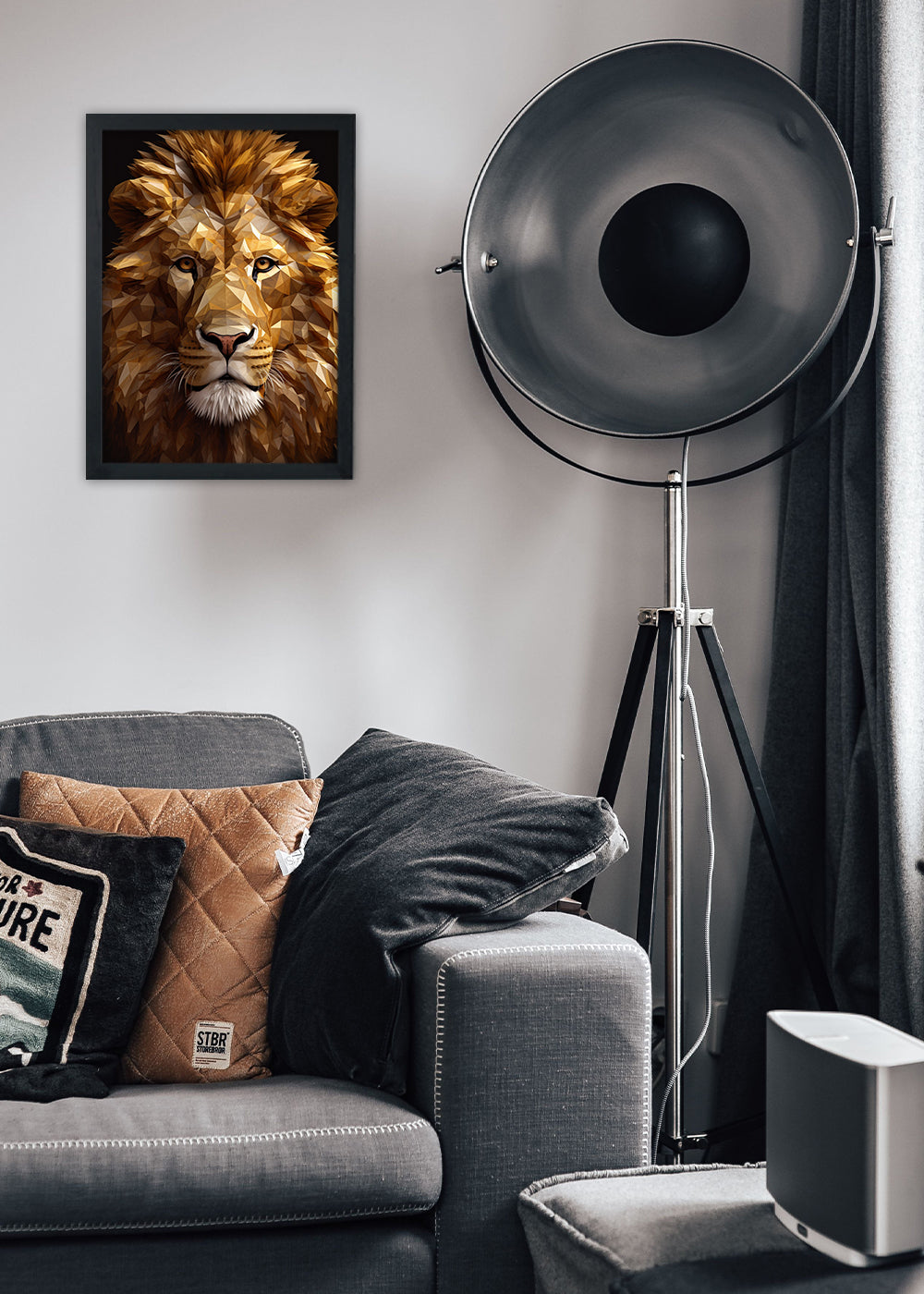 Quadro Decorativo Rosto do leão geométrico - Com vidro