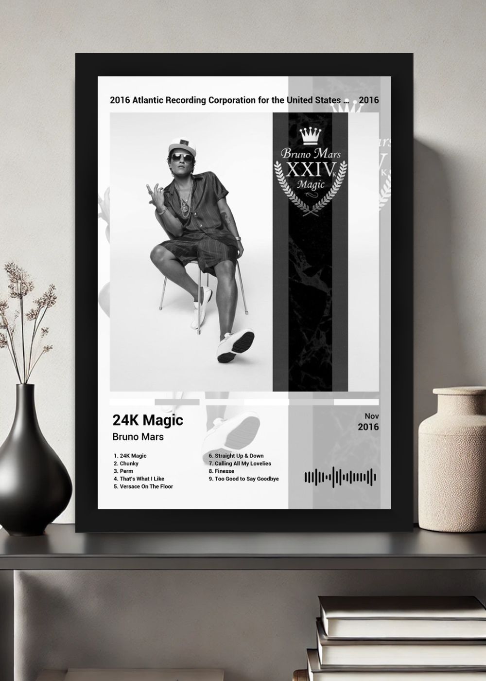 Quadro Bruno Mars 24K Magic (Black&white) Com Vidro