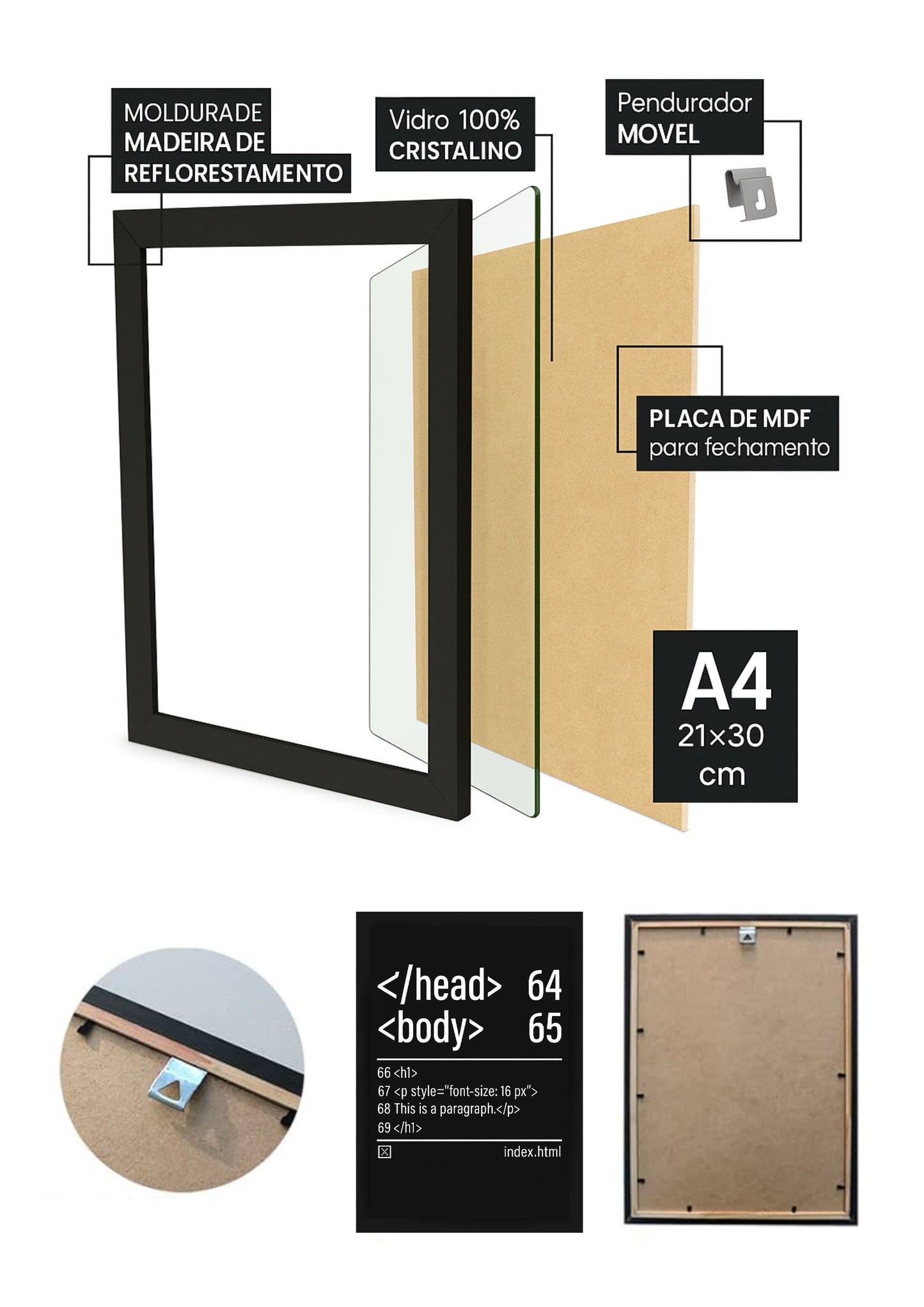 Quadro HTML body head Retro com Vidro e Moldura