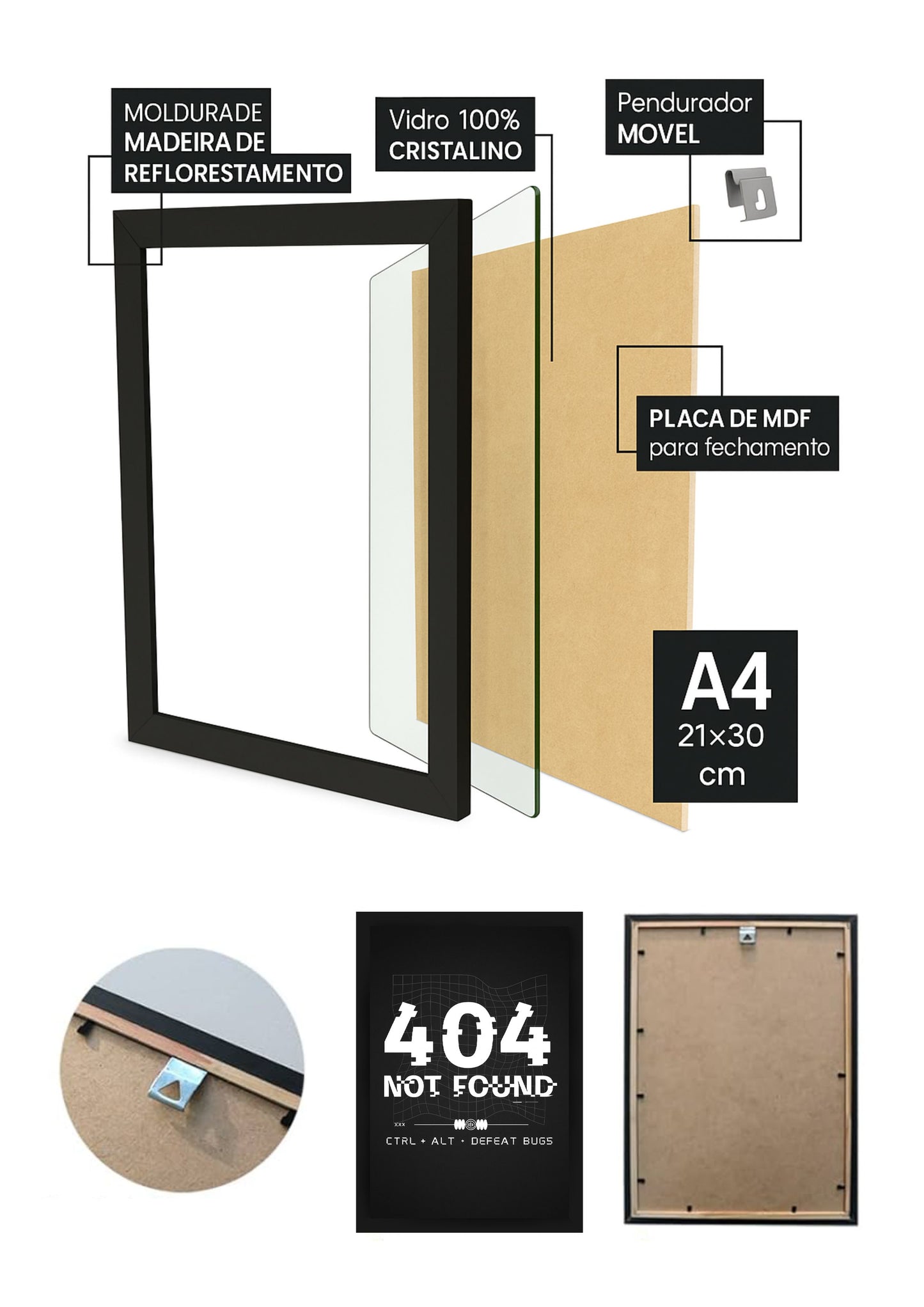 Quadro Geek 404 not found Com Vidro e Moldura