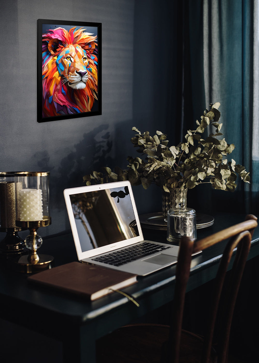 Quadro Decorativo Leao geometrico colorido - Com vidro