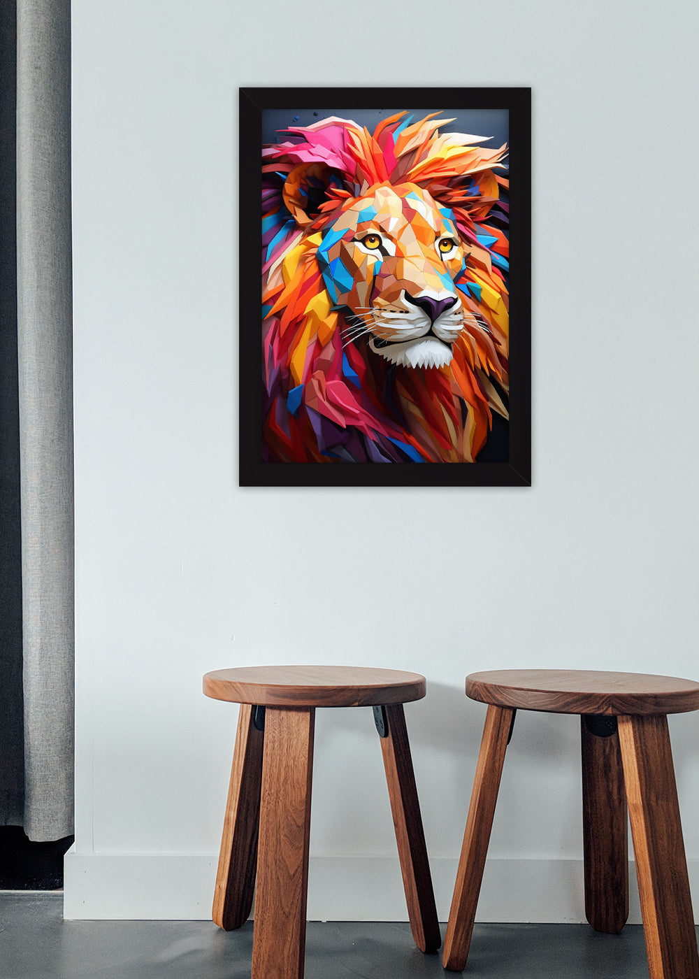 Quadro Decorativo Leao geometrico colorido - Com vidro