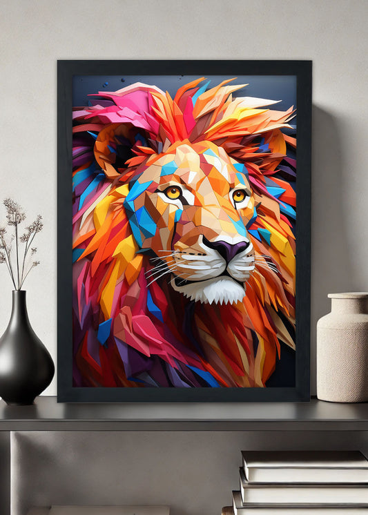Quadro Decorativo Leao geometrico colorido - Com vidro
