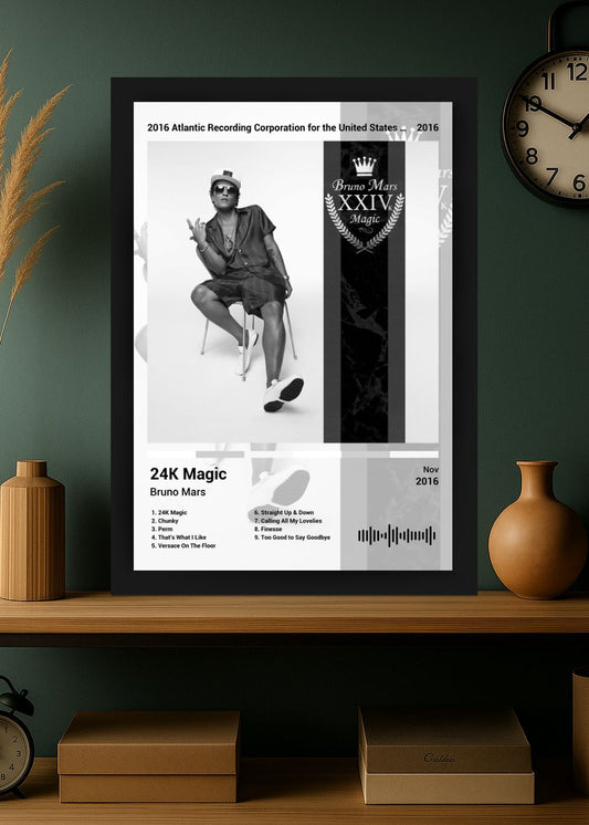 Quadro Bruno Mars 24K Magic (Black&white) Com Vidro