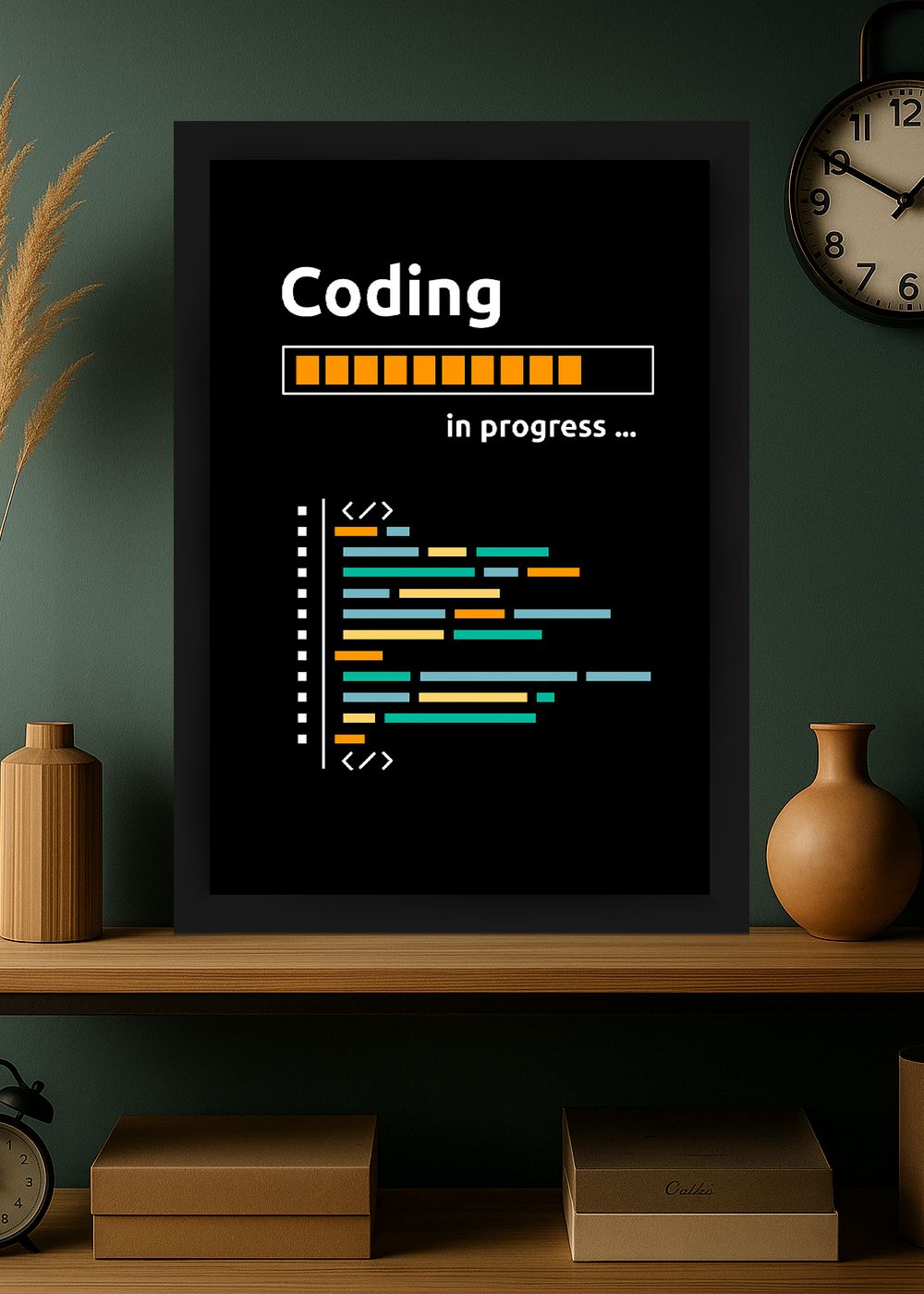 Quadro Coding In Progress com Vidro e Moldura