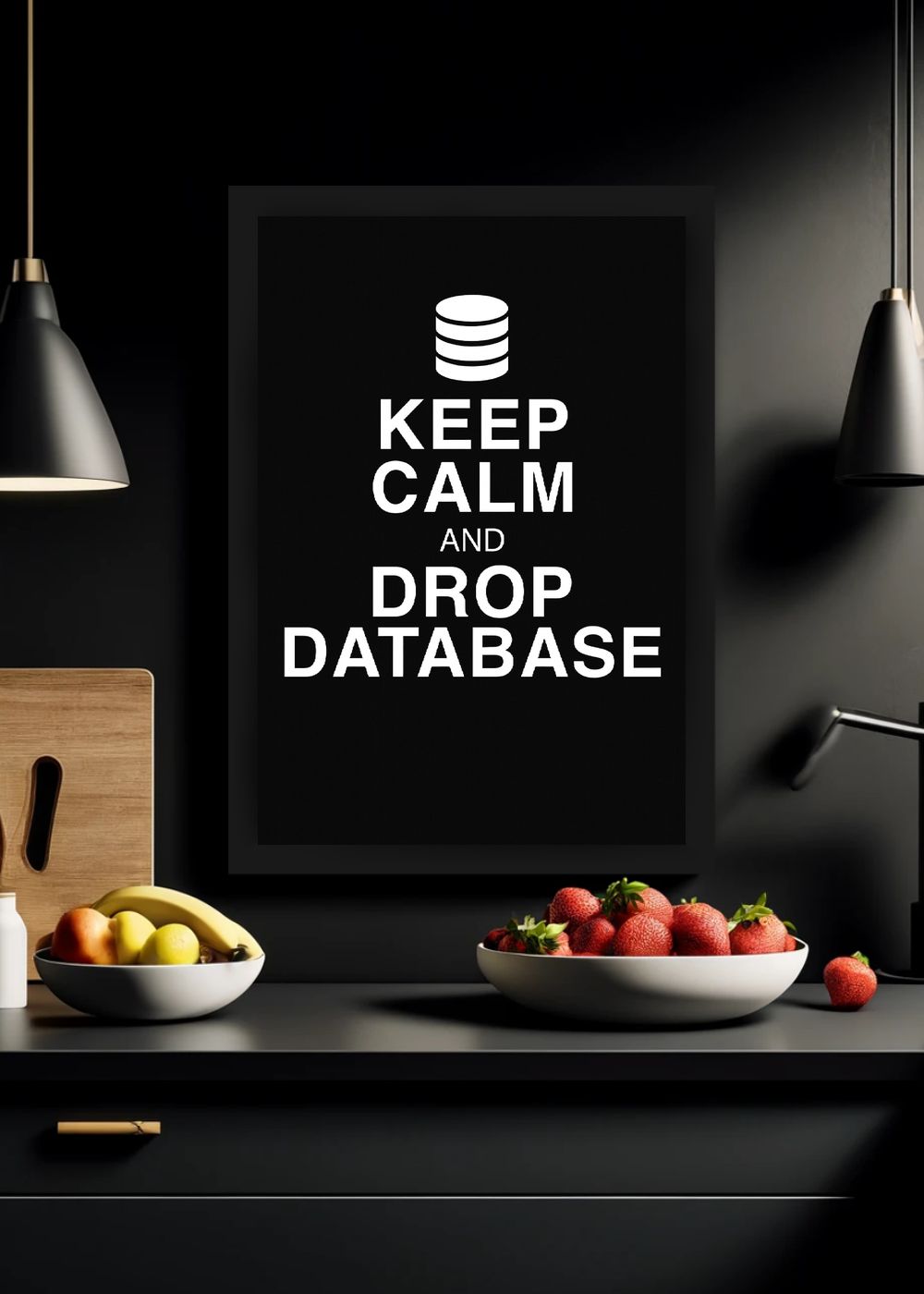Quadro Geek Keep Calm and Drop Database Com Vidro e Moldura
