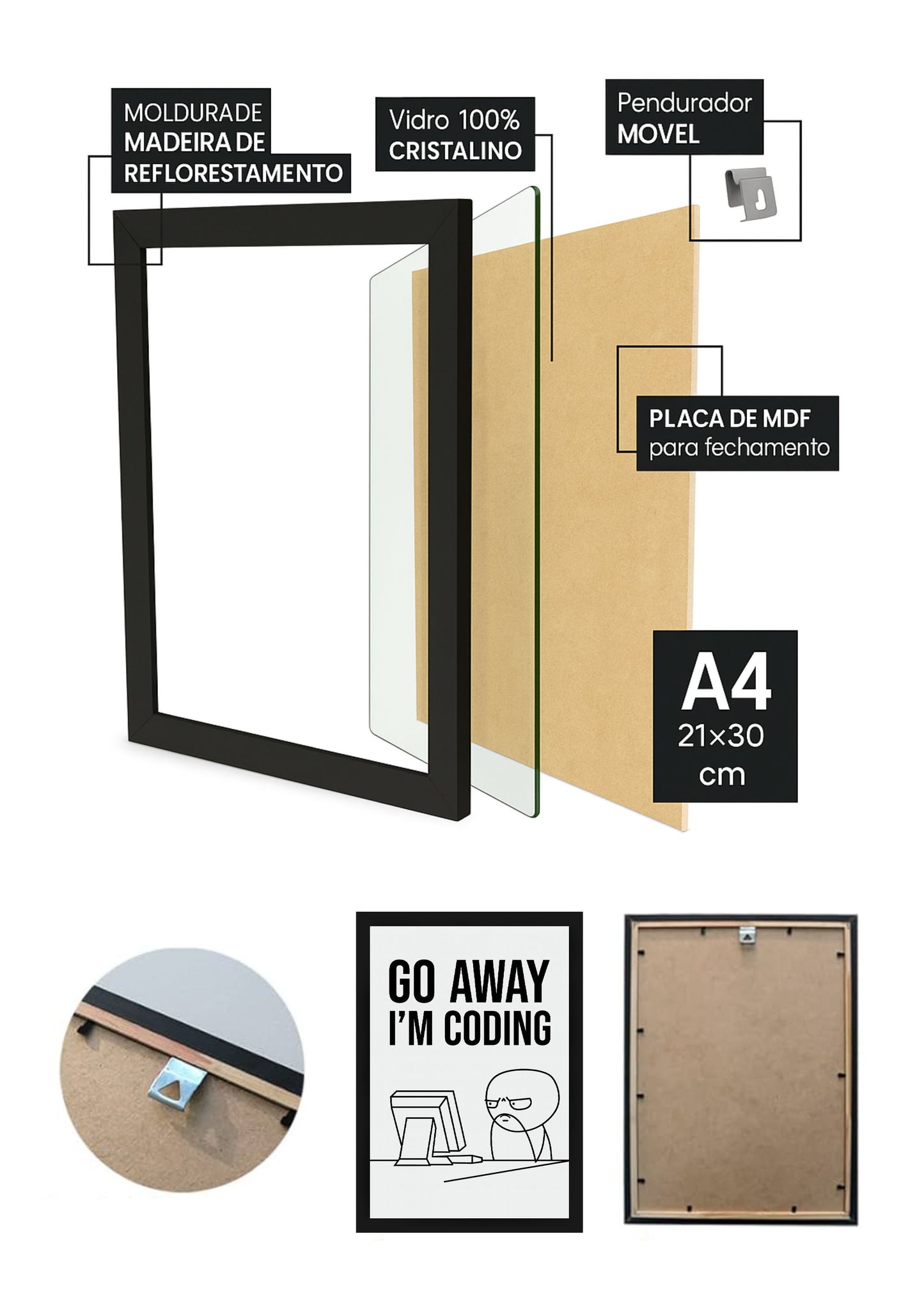 Quadro Go Away I'm Coding com Vidro e Moldura