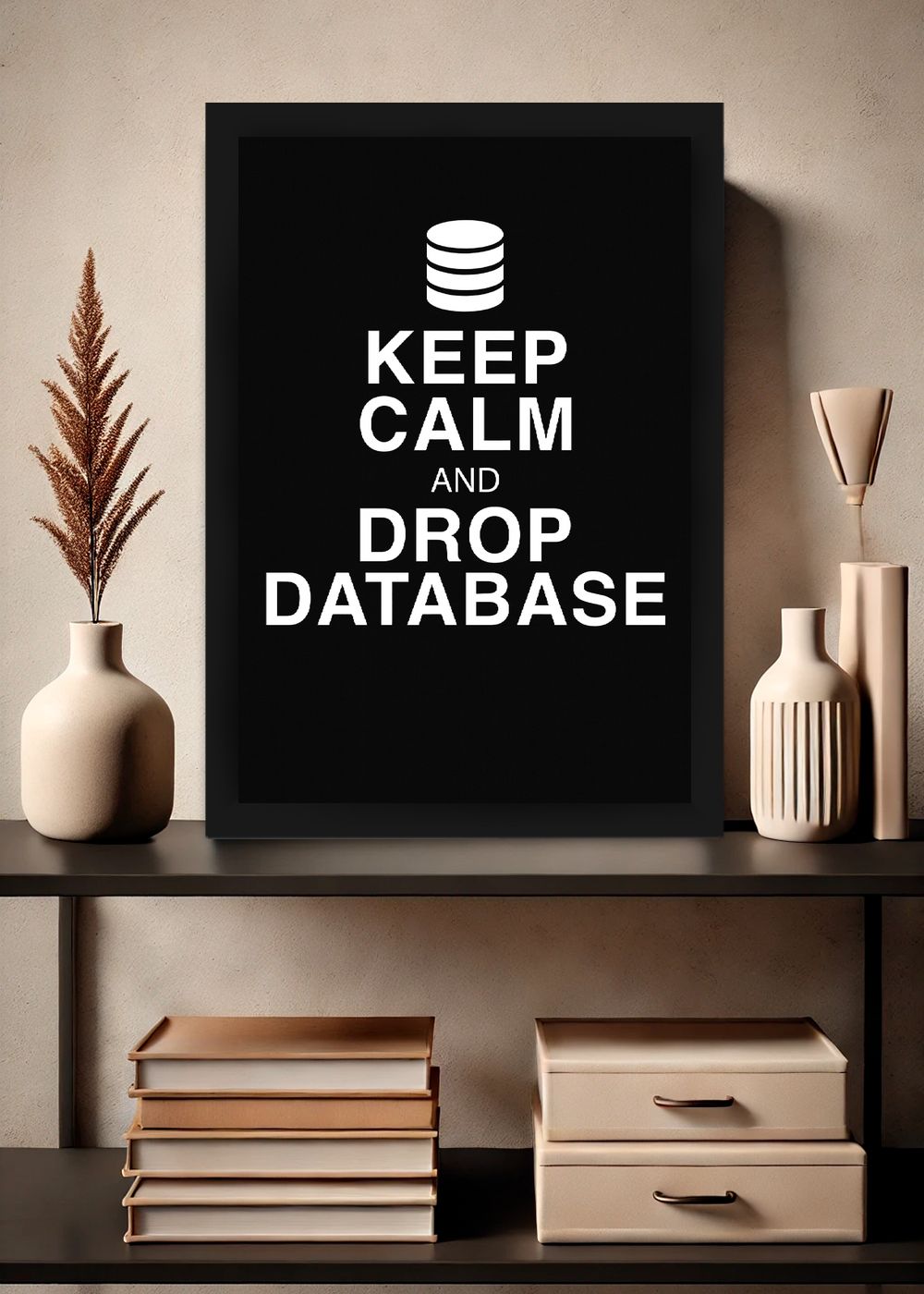 Quadro Geek Keep Calm and Drop Database Com Vidro e Moldura