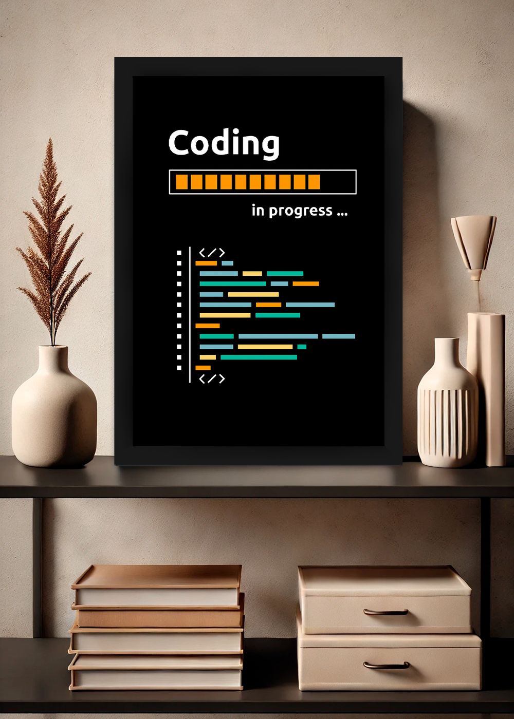 Quadro Coding In Progress com Vidro e Moldura